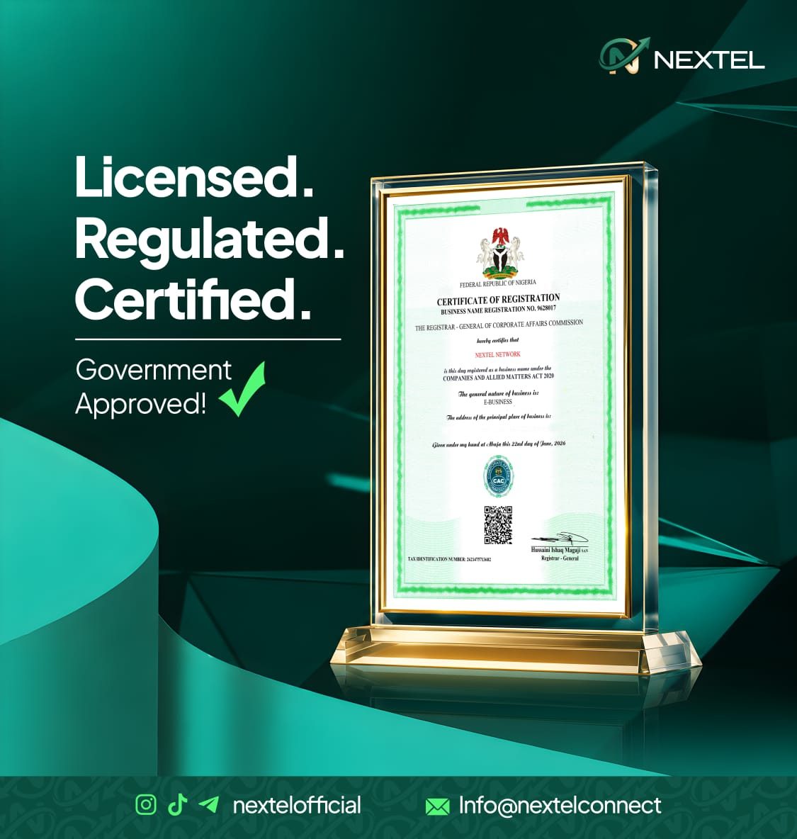 Nextel Network CAC Certificate of Registration, Business Name No. 9628017, government approved