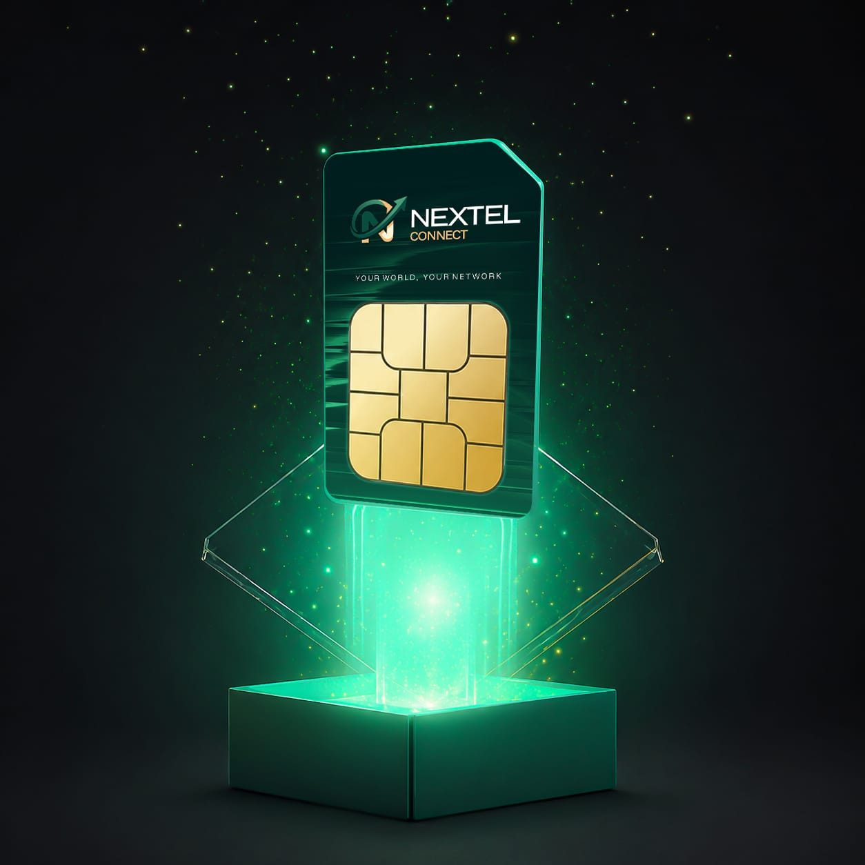 Nextel eSIM product shot, glowing in display box