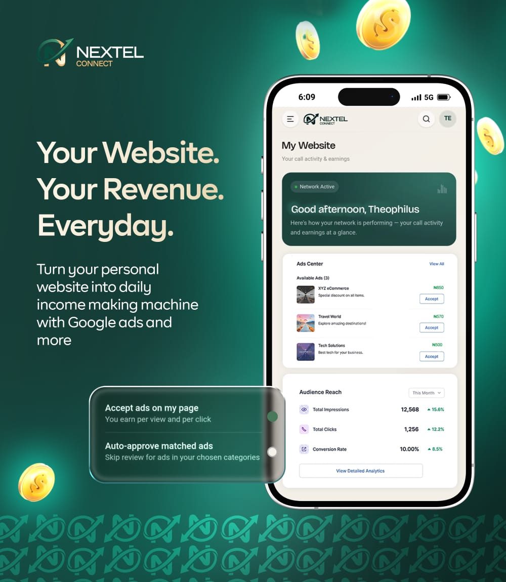 Nextel My Website dashboard showing Ads Center, available ads, and audience reach analytics